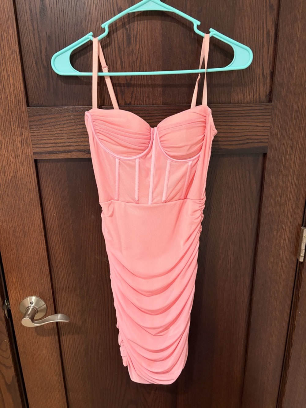 Ruched Coral Bodycon Dress with Bustier Detail